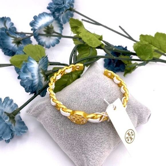 New Tory Burch Gemini White Leather Cuff Bracelet - Picture 7 of 10